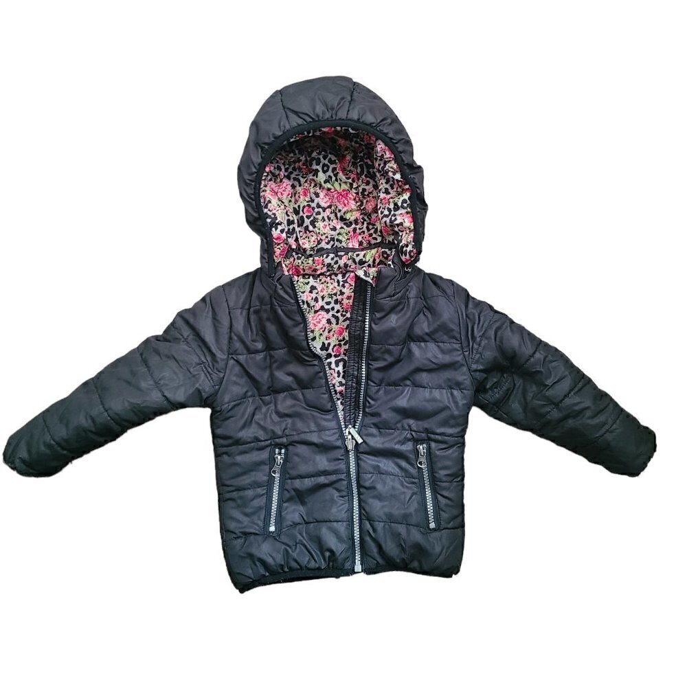 3 Pommes Girls Black Floral Quilted Reversible Puffer Winter Coat